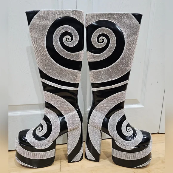 Dolls Kill Current Mood How Sweet It Is Platform Rhinestone Swirl Black Boots 8 - Picture 1 of 16